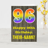 Carte 96e anniversaire : Rustic Faux Wood Look, Arc en c (Fleur jaune)