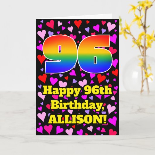 Carte 96th Birthday: Loving Hearts Pattern, Rainbow # 96 (Fleur jaune)