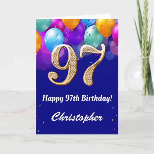 Carte 97e anniversaire Ballons bleu et or couleur marine (Devant)