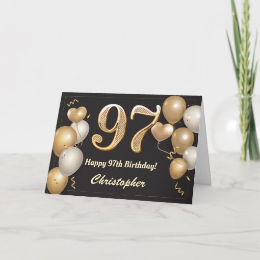 Carte 97e anniversaire Ballons noirs et or Anniversaire (Devant)