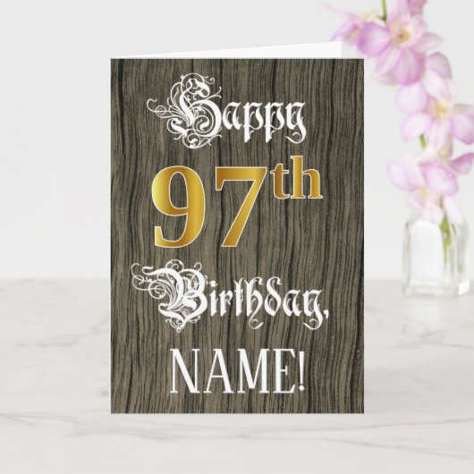 Carte 97e anniversaire : Faux Gold Look + Faux Wood Moti (Orchidée)