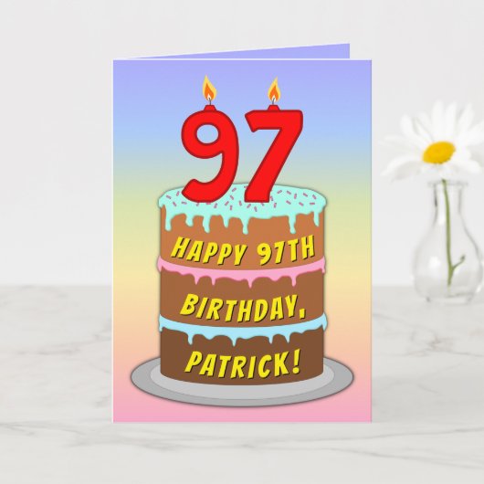Carte 97e anniversaire — Fun Cake & Candles, avec nom pe (Petite plante)
