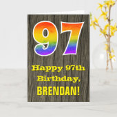 Carte 97e anniversaire : Rustic Faux Wood Look, Rainbow  (Fleur jaune)