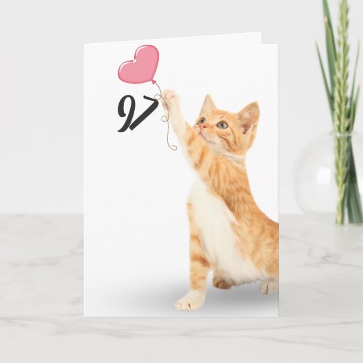 Carte 97e anniversaire tabby chat avec ballon cardiaque (Devant)