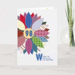 Carte 98 ans, anniversaire de fleur cousue