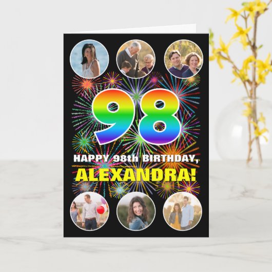 Carte 98e anniversaire : Arc en ciel amusant #, Nom pers (Fleur jaune)