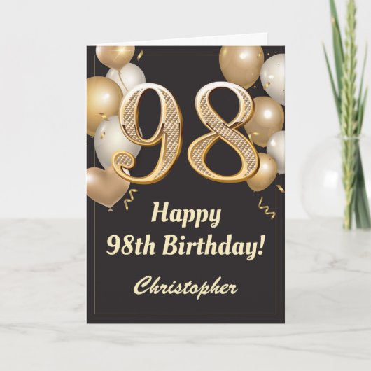 Carte 98e anniversaire Ballons Noir et Or Confetti (Devant)