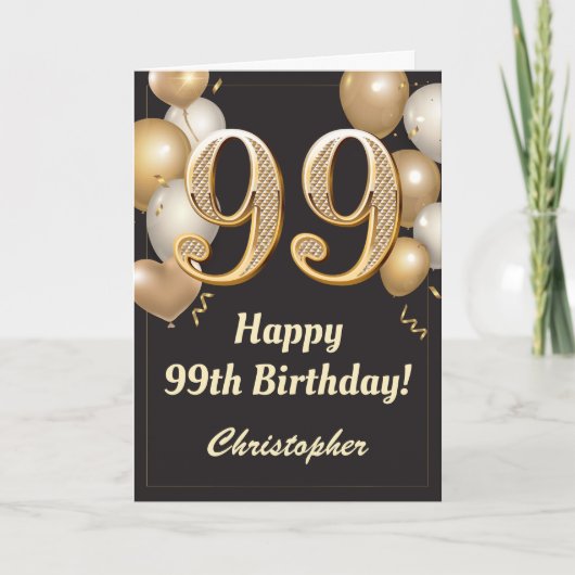 Carte 99e anniversaire Ballons Noir et Or Confetti (Devant)