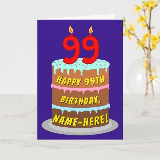 Carte 99e anniversaire : Fun Cake and Candles + Nom pers (Fleur jaune)