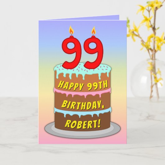 Carte 99e anniversaire — Fun Cake & Candles, avec nom pe (Fleur jaune)