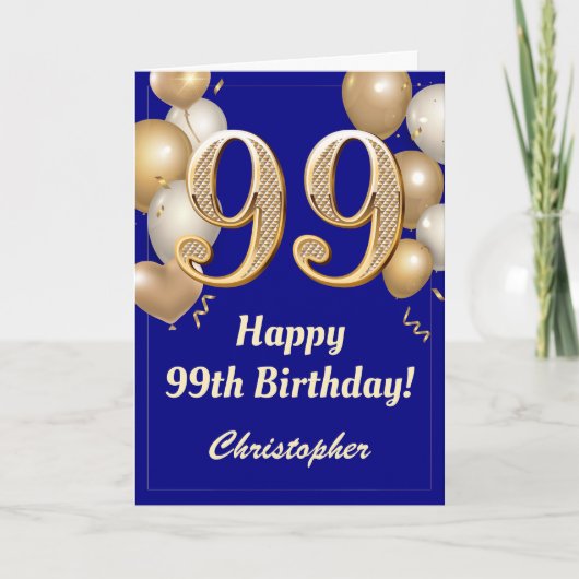 Carte 99e anniversaire Marine Bleu et Ballons d'or Confe (Devant)