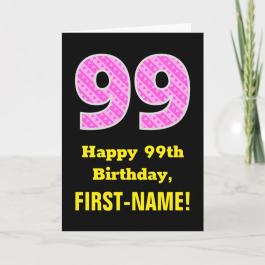Carte 99e anniversaire : Pink Stripes and Hearts "99" + (Devant)
