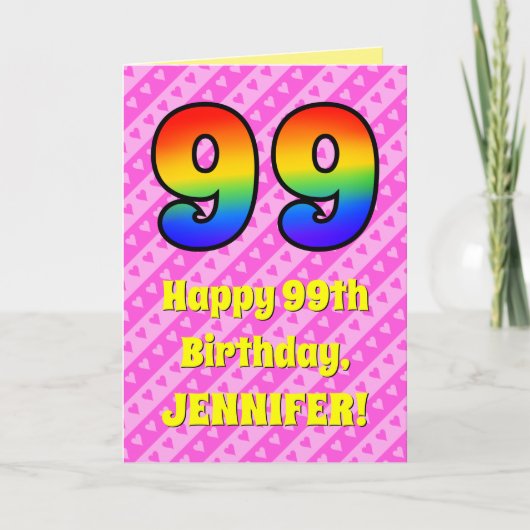 Carte 99e anniversaire : Pink Stripes & Hearts, Arc en c (Devant)