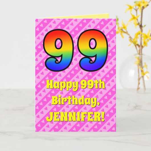 Carte 99e anniversaire : Pink Stripes & Hearts, Arc en c (Fleur jaune)