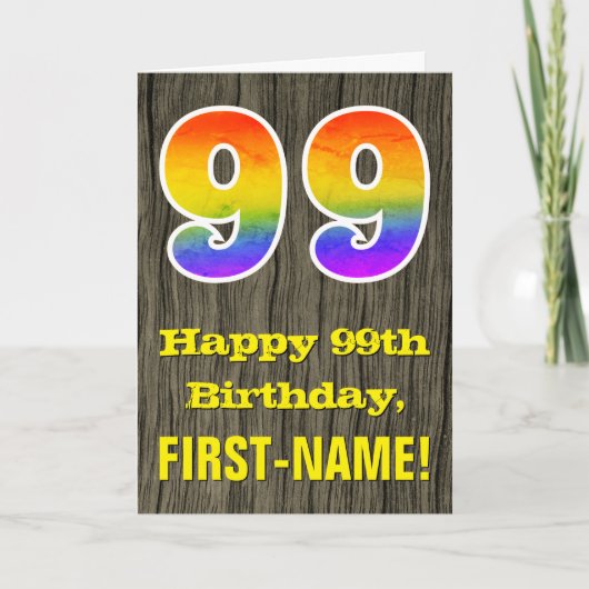 Carte 99e anniversaire : Rustic Faux Wood Look, Rainbow (Devant)