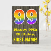 Carte 99e anniversaire : Rustic Faux Wood Look, Rainbow (Fleur jaune)