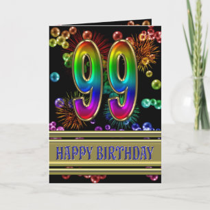 Carte 99ème anniversaire avec bulles arc-en-ciel et feux