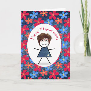 Carte 99ème Anniversaire Stick Girl and Daisies On Denim