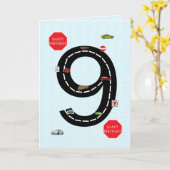 Carte 9 ans, 9 ans, voitures jouets et route (Fleur jaune)