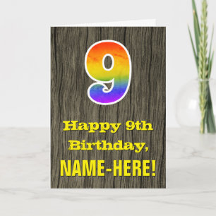 Carte 9e anniversaire : aspect bois rustique, "9" arc-en