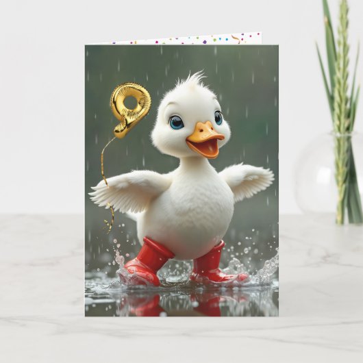 Carte 9e anniversaire Canard blanc dans une flaque de pl (Devant)