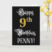 Carte 9e anniversaire — Écriture fantaisie ; Aspect or f (Fleur jaune)