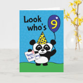 Carte 9e anniversaire - Panda garçon avec ballon et cart (Fleur jaune)