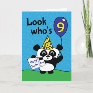 Carte 9e anniversaire - Panda garçon avec ballon et cart