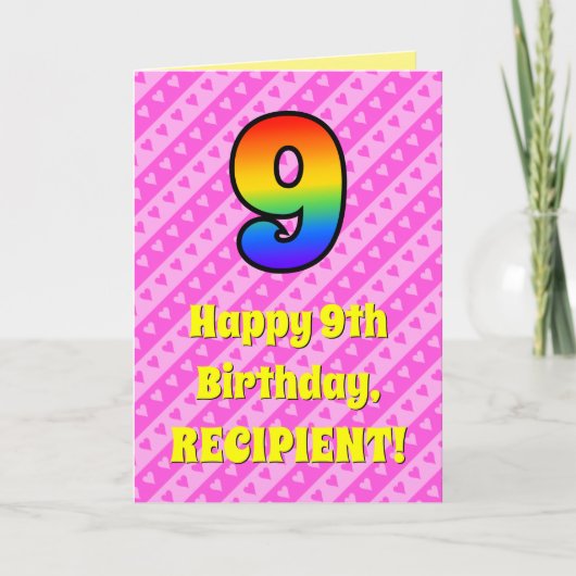 Carte 9e anniversaire : Pink Stripes & Hearts, Rainbow # (Devant)