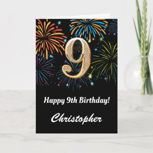 Carte 9e anniversaire Rainbow Fireworks noir et or