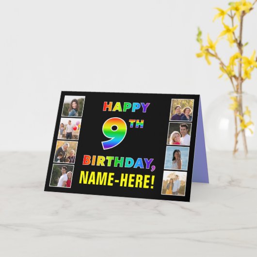 Carte 9e anniversaire : Rainbow Text, Custom Photos & Na (Fleur jaune)