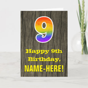 Carte 9e anniversaire : Rustic Faux Wood Look, Rainbow "