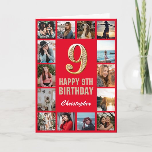 Carte 9e Joyeux Anniversaire Collage photo rouge et or (Devant)