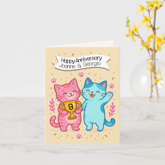 Carte 9th wedding anniversary cat lovers (Fleur jaune)