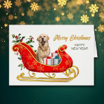 Carte à bascule de Noël Golden Retriever<br><div class="desc">Sur cette carte Holiday, un Golden Retriever Dog est assis dans un joli traîneau décoratif rouge et or. À côté du chien se trouve des paquets cadeaux attachés avec des arcs colorés, et derrière le traîneau est saint avec des baies rouges. Le texte en or à droite dit "MERRY CHRISTMAS"...</div>