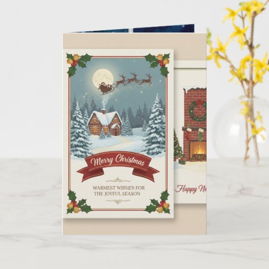 Carte A Christmas card with snowy scenes, festive text,  (Fleur jaune)