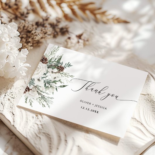 Carte À feuillage persistant hiver élégant mariage merci