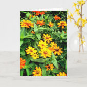 Carte à fleurs Zinnia. Jaune, orange et vert. (Fleur jaune)