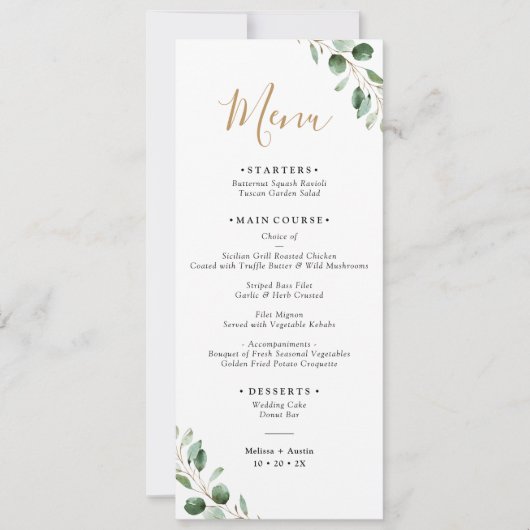 Carte à menu long Mariage simple Eucalyptus Greene (Devant)