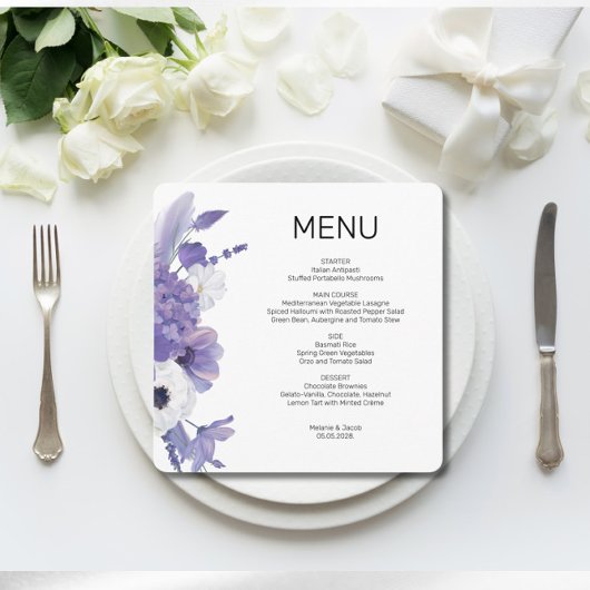 Carte à menu plat Mariage floral violet