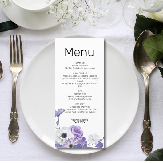 Carte à menu plat Mariage floral violet