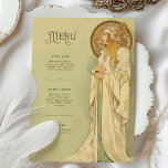 Carte à menu vintage Art Nouveau Mariage<br><div class="desc">Cette superbe carte mariage d'inspiration Art Nouveau allie des teintes dorées luxueuses à des accents crème douce et beige, créant un design élégant et intemporel. L'avant est orné d'une silhouette minutieusement détaillée avec des peignoirs fluides, des ornements dorés et un halo circulaire radieux décoré de motifs élaborés. Le dos met...</div>