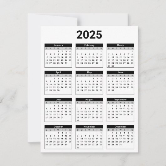 Carte à plat Calendrier annuel 2025 États-Unis noi (Devant)