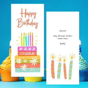 Carte à plat colorée Happy Birthday Cake and Candl