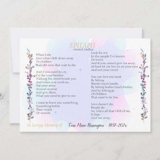 Carte à plat Epitaph Poem Watercolor Memorial (Devant)