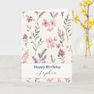 Carte Abeilles Fleurs Rose Lavande Anniversaire