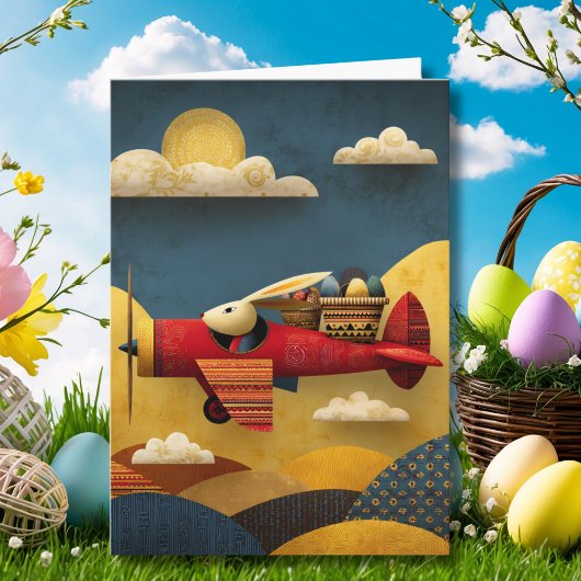 Carte Abstract Bunny Flies Airplane Clouds Custom Easter