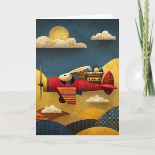 Carte Abstract Bunny Flies Airplane Clouds Custom Easter (Devant)