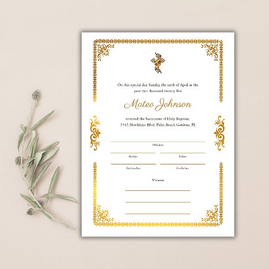 Carte Accents d'or Élégant certificat de baptême catholi