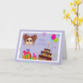 Carte Ado, Brunette, Gâteau, Présents, Joyeux Naissance (Fleur jaune)